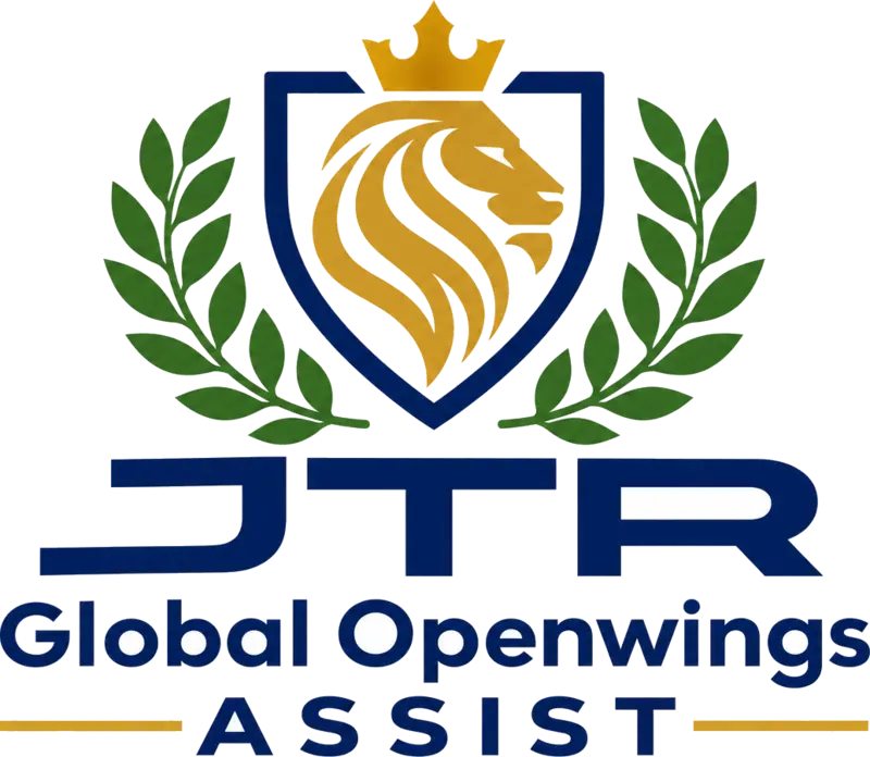 JTR Global OpenWings Assist logo: a crowned lion on a navy shield, framed by laurel leaves